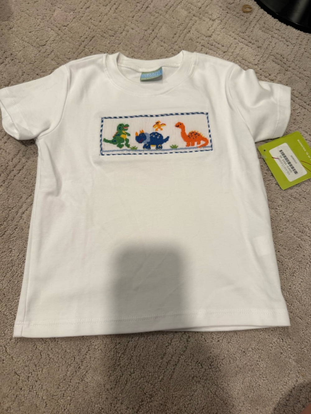 White Short-Sleeve Kids Tee with Colorful Dino Appliqué